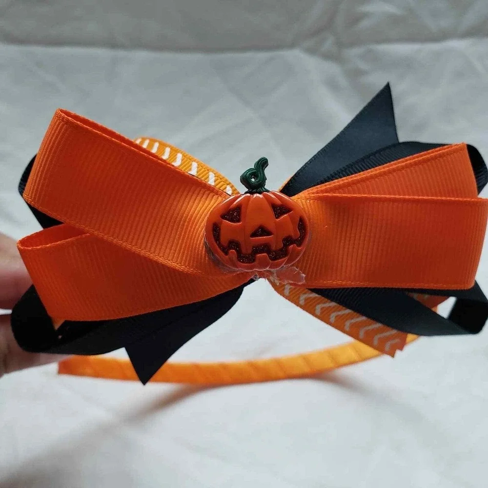 Girl Halloween Headband Orange Black Ribbon Pumpkin Hair Accessory Costume Party